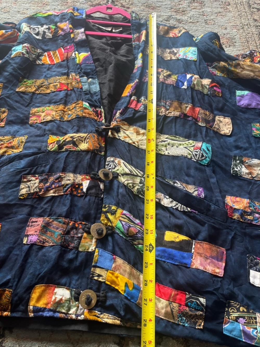 Vintage Bohemian Oversized Black Patchwork Open-Front Jacket Coin Buttons - Picture 11 of 11